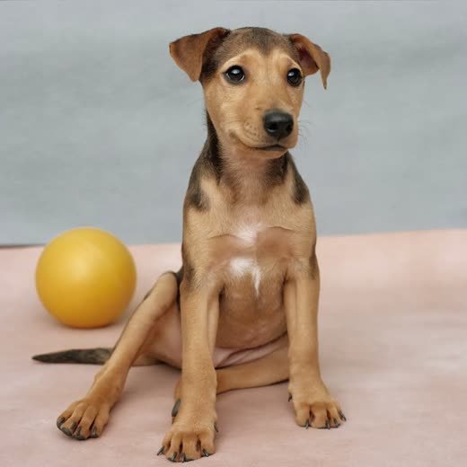 A puppy sitting beside a plain rubber ball